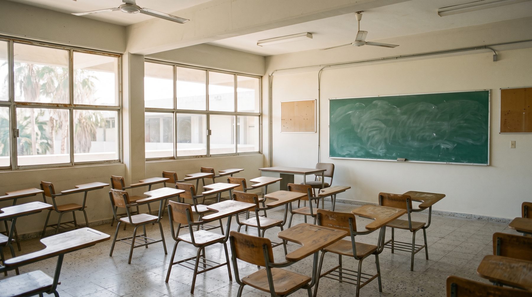 Aula de bachillerato vacía con pupitres de paleta, pizarrón y ventanas grandes.