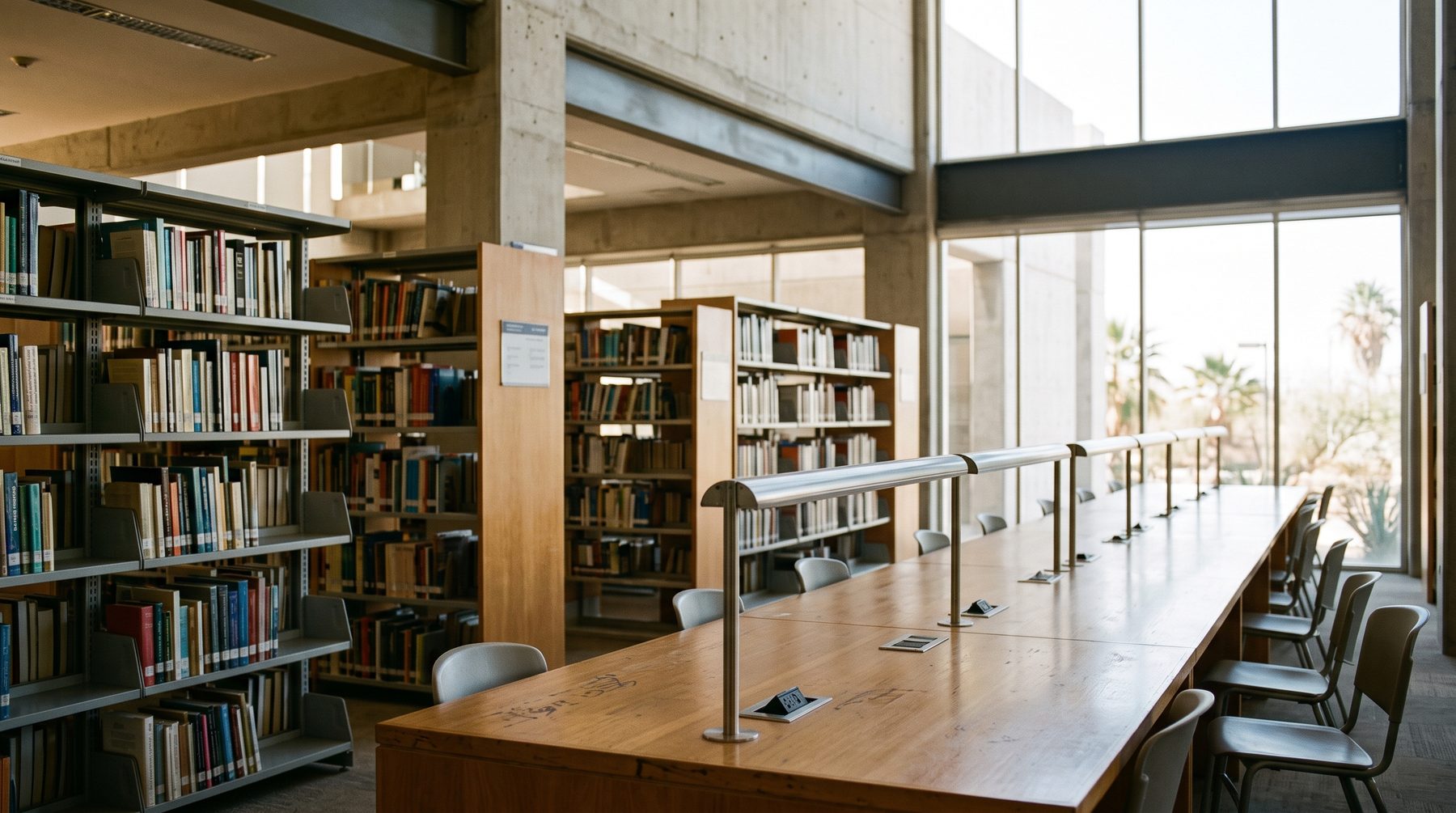 Biblioteca con estantes de libros, una mesa larga de lectura y ventanales.